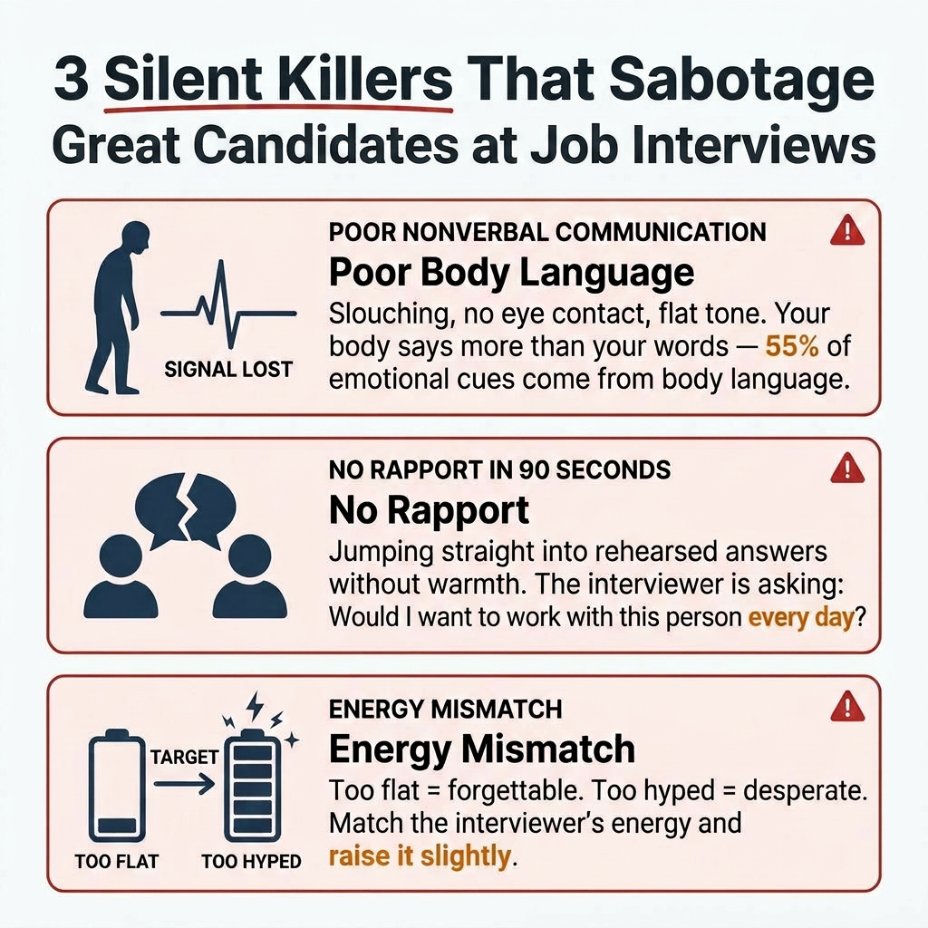 Three silent killers infographic: Poor Nonverbal Cues, No Rapport in 90 Seconds, and Energy Mismatch